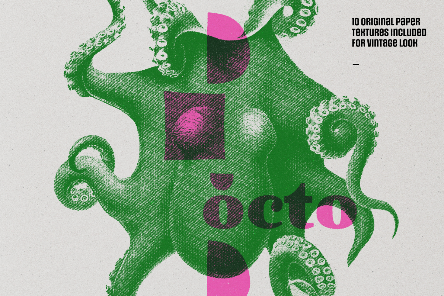 Vintage octopus illustration graphic with vibrant green and pink hues overlayed on paper textures perfect for designers producing retro-inspired projects.