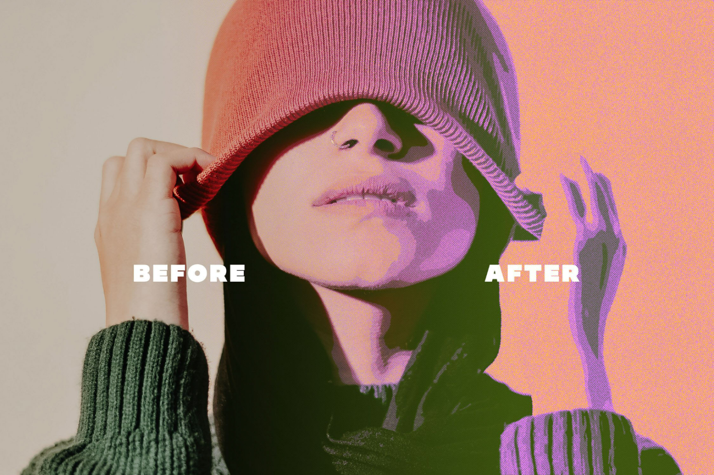 Before and after mockup showcasing photo editing effects on portrait of woman with beanie pulling it down over eyes. Ideal for designers digital assets.