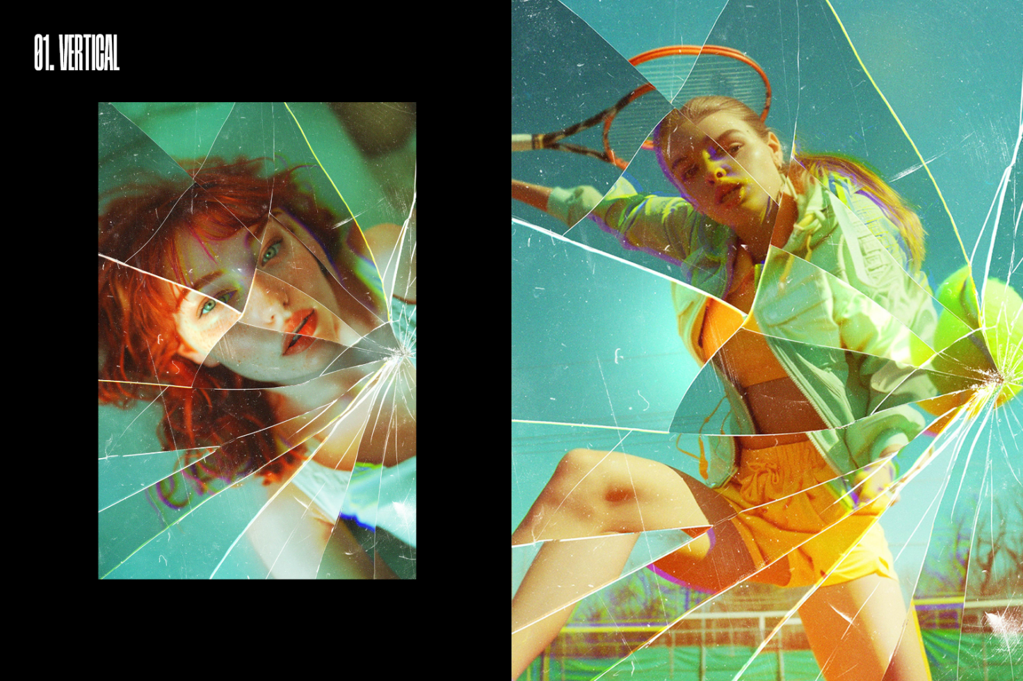 Shattered glass photo effect template featuring a woman with red hair on the left and another with sporty attire on the right ideal for graphic design projects.