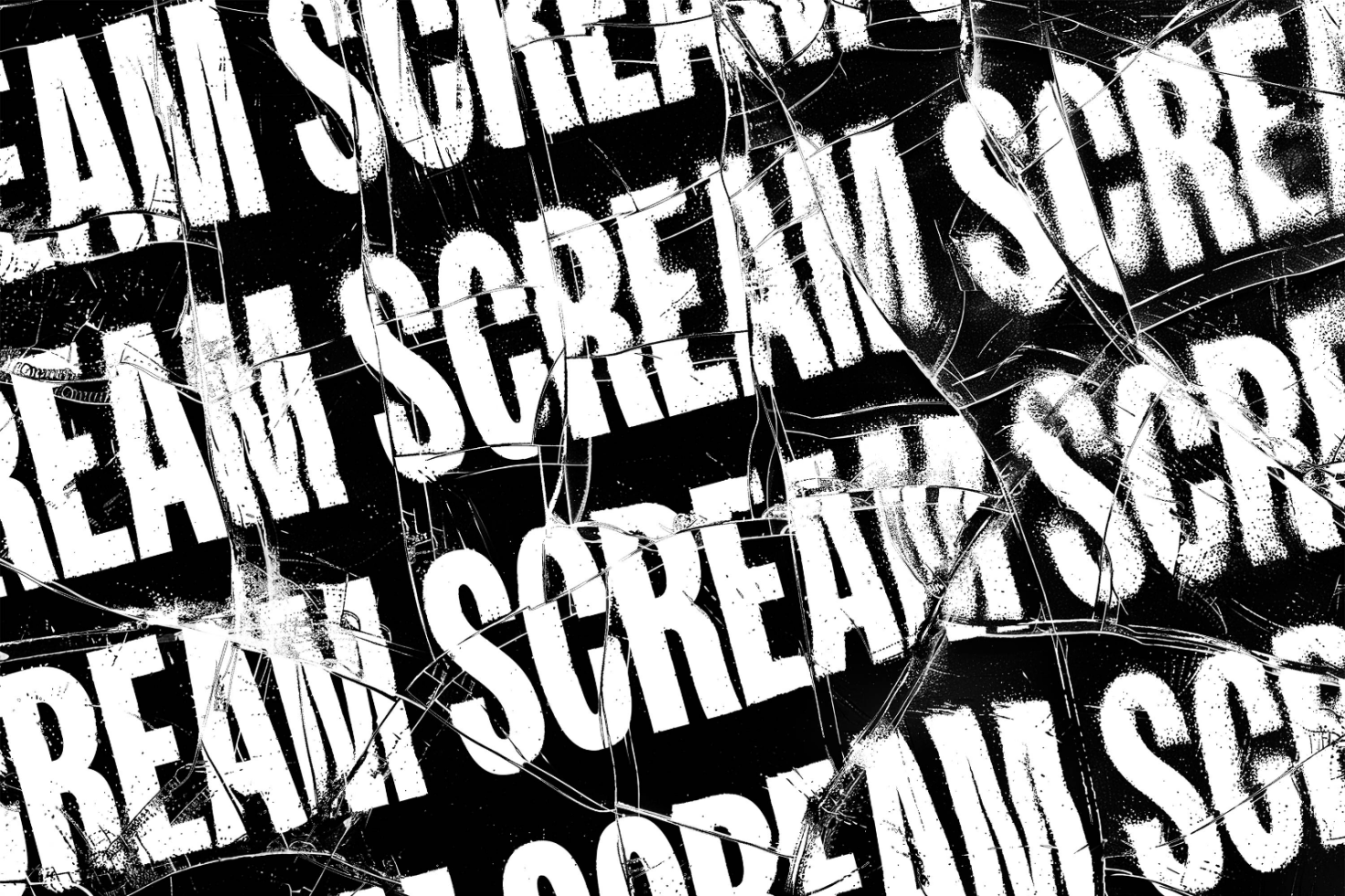 Distressed typography graphic with the word scream repeated in white text against a black background, ideal for fonts and graphics in design mockups and templates.