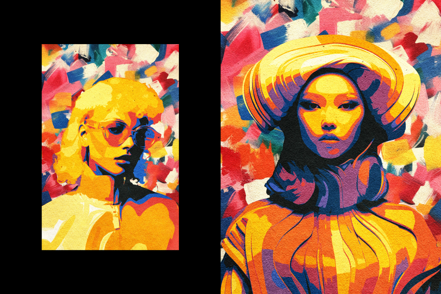 Colorful abstract portrait illustration for digital assets, featuring two vibrant figures with bold paint strokes, ideal for designers seeking unique graphics.