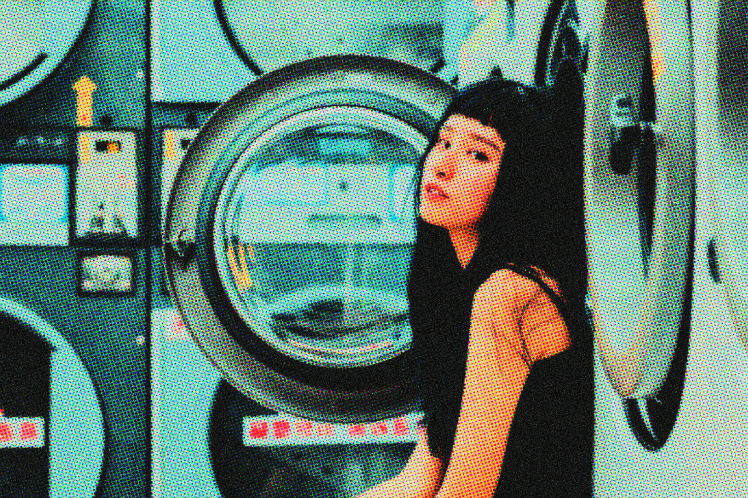 Halftone pop art style image of a woman in a laundromat, suitable for graphics, templates, mockups. Ideal digital asset for designers.