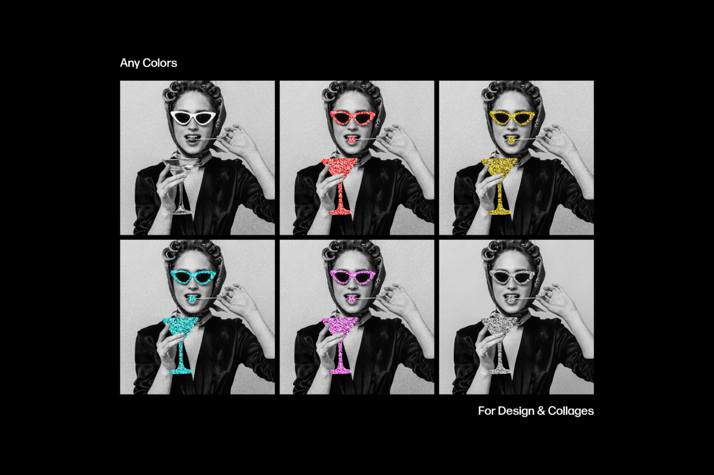 Pop art collage with a woman holding a cocktail. Colorful glitter sunglasses and drinks. Design assets for designers. Perfect for graphics, mockups, templates.