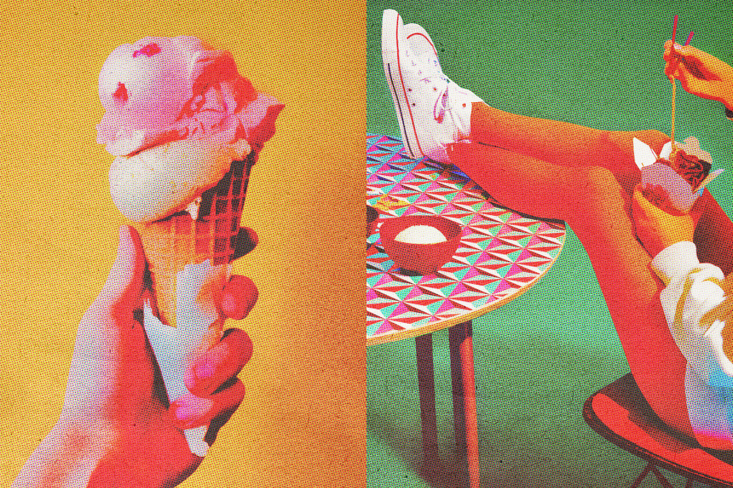 Retro style photo of ice cream cone and person relaxing with food on colorful geometric table. Perfect for design mockups and graphic projects. Vibrant colors.