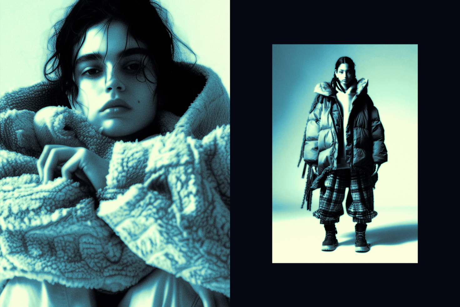 Fashion mockup depicting a person in cozy winter apparel, including a heavy jacket and plaid pants, showcasing contemporary clothing design for digital assets.