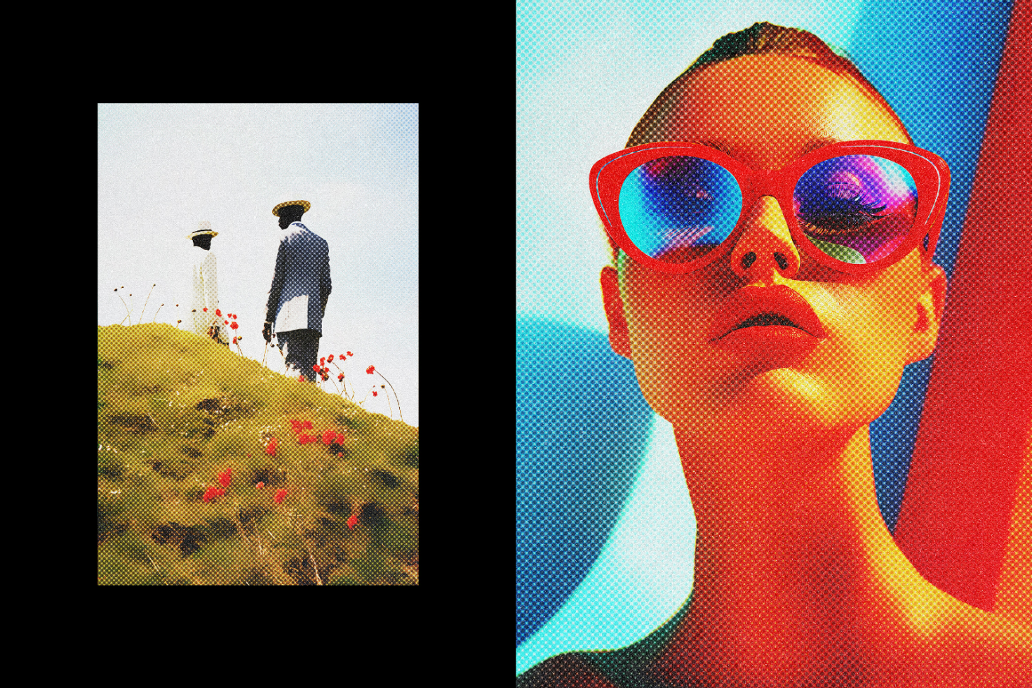 Halftone effect design with vibrant colors featuring two people on a hill and a woman in red sunglasses perfect for graphics templates and mockups.