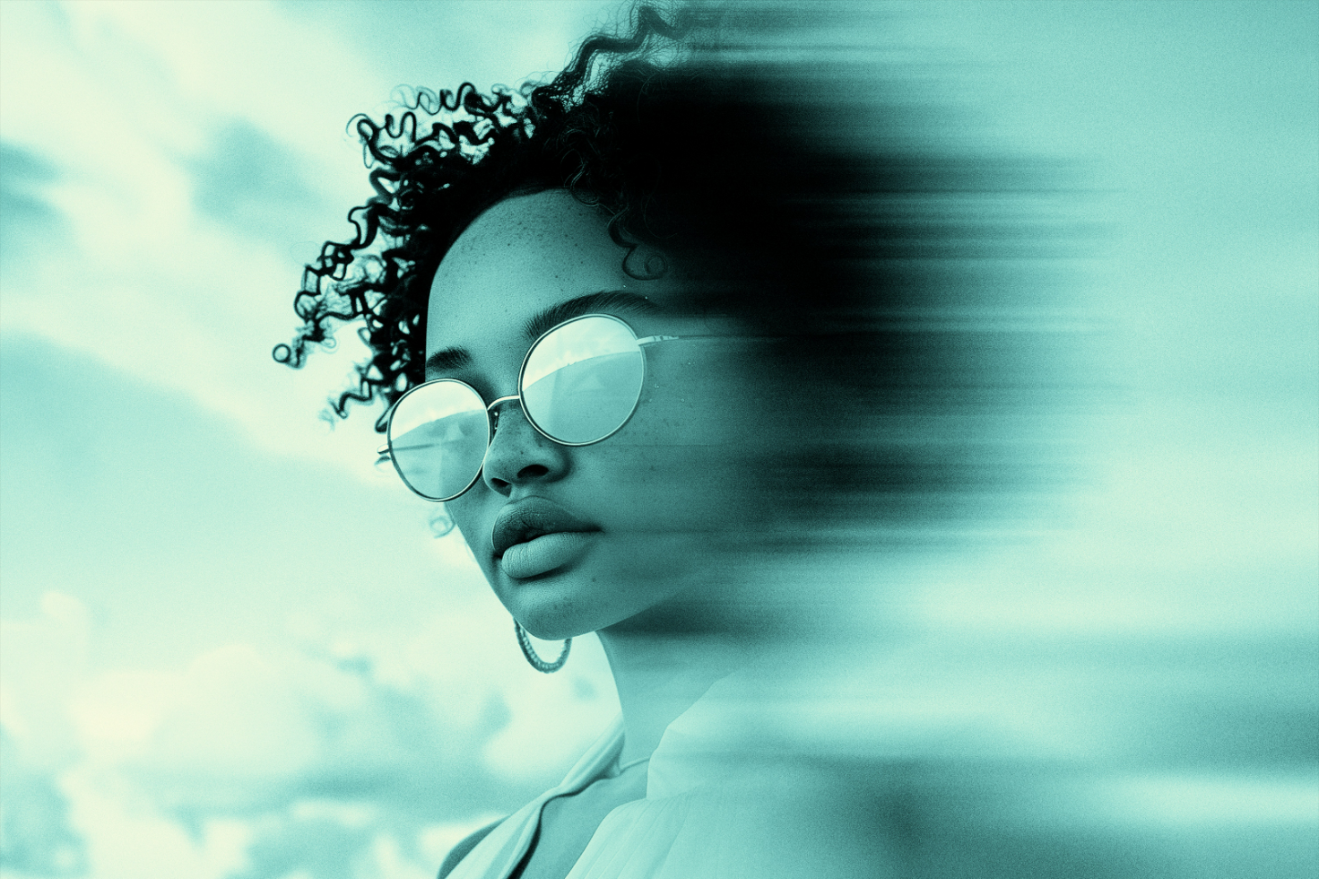 Abstract design with a stylish person wearing sunglasses with a blurred effect on one side. Perfect for graphics or templates targeting creative designers.