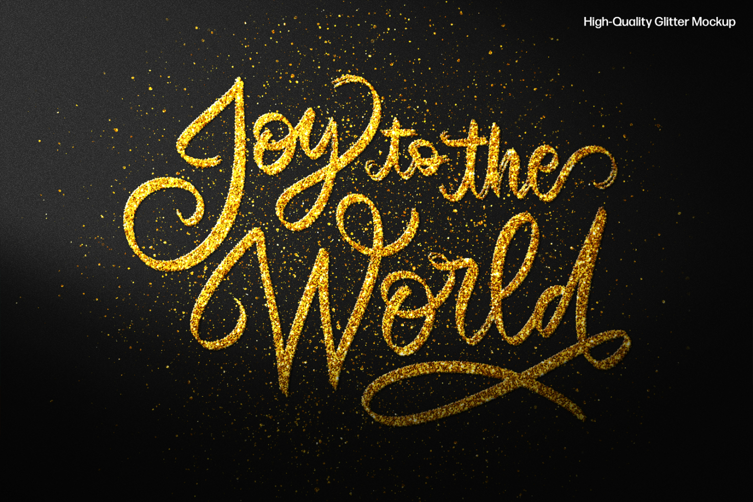 High-quality glitter mockup with golden text Joy to the World on dark background. Perfect for holiday graphics, typography, festive design, and template assets.