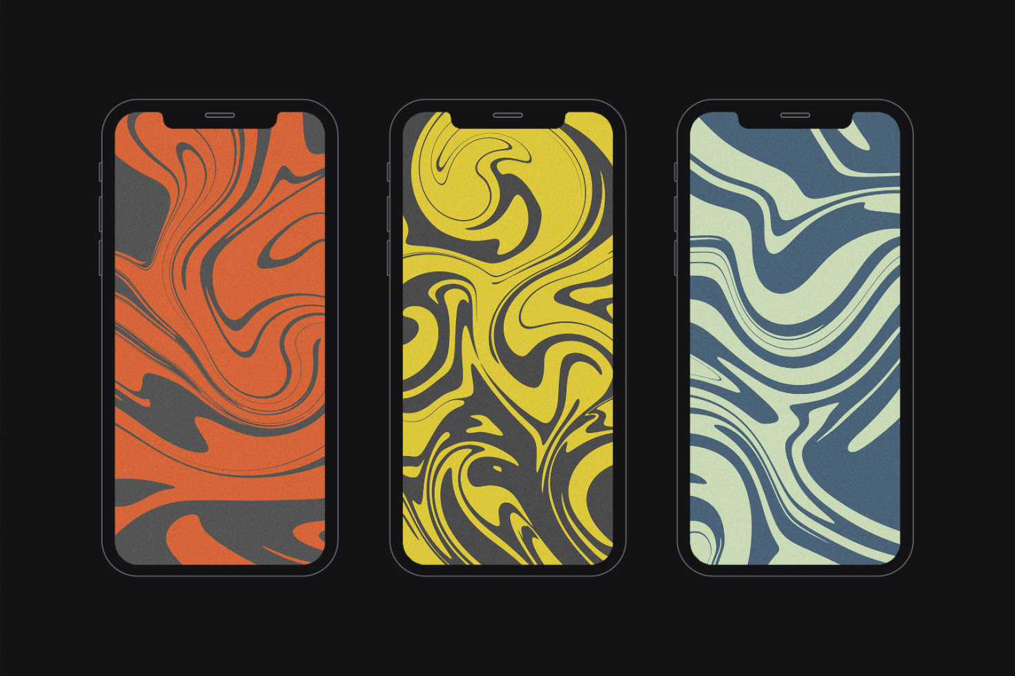 Three smartphones display abstract marbled backgrounds in orange black yellow and blue tones suitable for design mockups templates digital graphics.