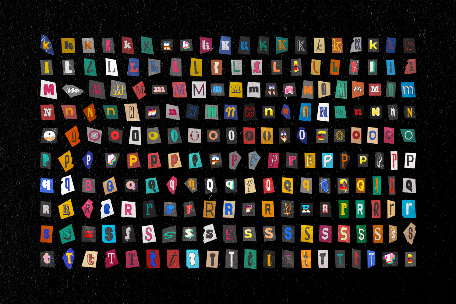 Colorful mixed character set of alphabet letters cut from various sources on dark textured background. Perfect for typography projects, graphic design, fonts.