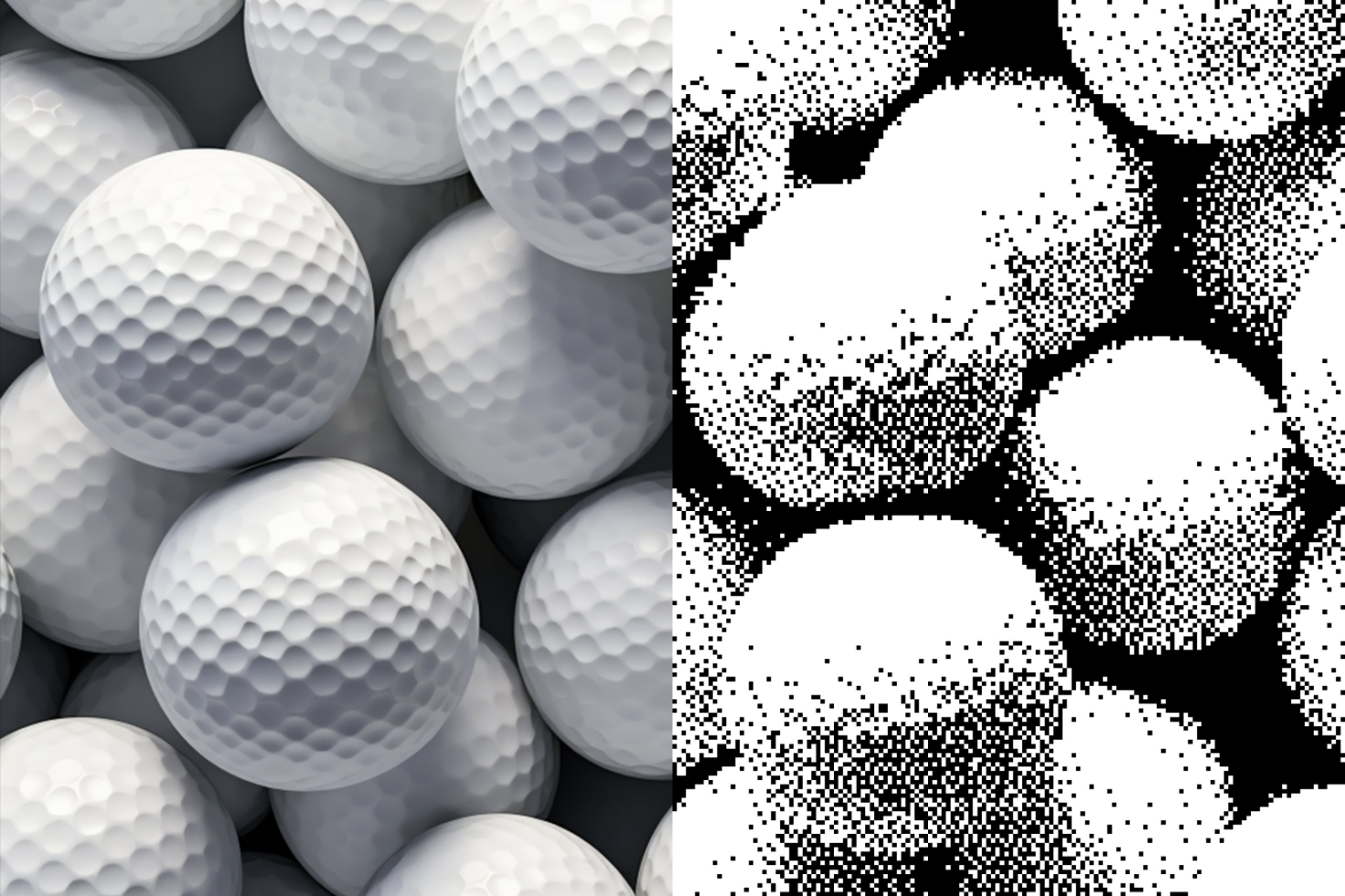 High-resolution image of piled golf balls transitioning into pixelated halftone style for graphic design mockups, templates, and print assets.