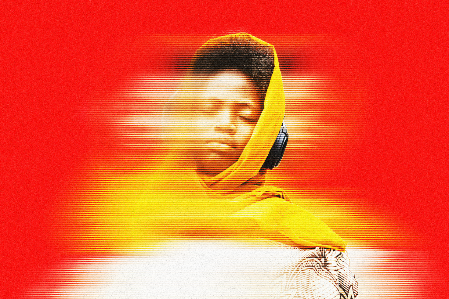 Abstract digital illustration of a person with headphones in a red and orange gradient background suitable for graphic design assets and creative templates.