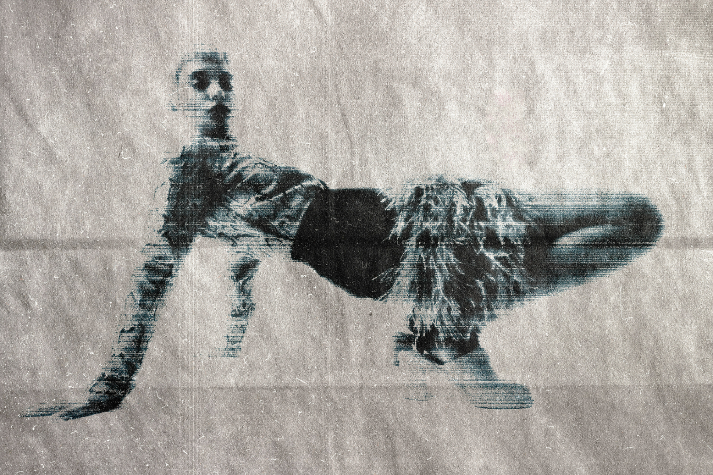 Distorted vintage photo effect of a person in a dynamic pose, suitable for graphic design projects. Keywords: Mockup, Vintage, Distressed, Texture, Graphic Asset.