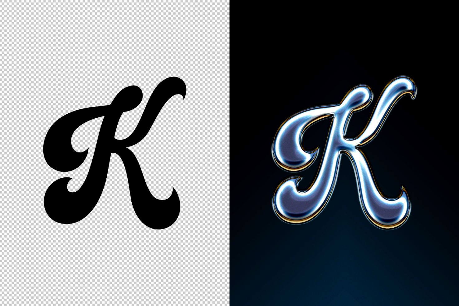 Elegant letter K mockup showcasing black and metallic chrome effects for logo design or typography templates appealing to designers seeking premium assets.