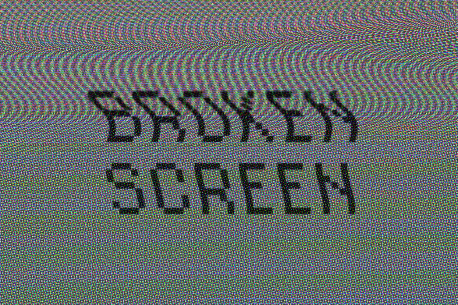 Distorted screen mockup with the text Broken Screen showcasing glitch effect suitable for graphic design projects on a digital assets marketplace.