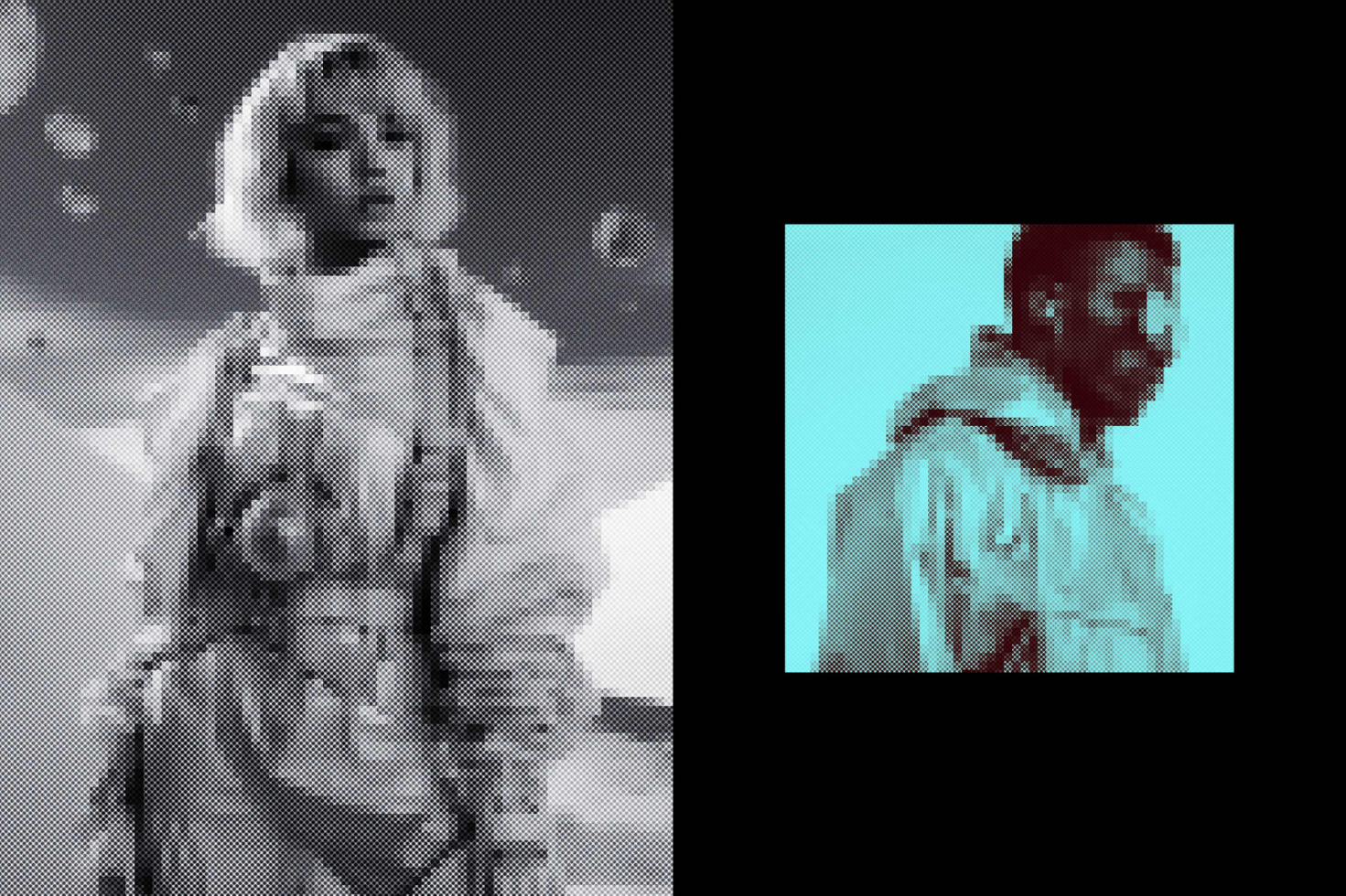 Pixel art illustration featuring two characters wearing futuristic astronaut suits, one in grayscale and the other in cyan. Ideal for retro-themed design projects.