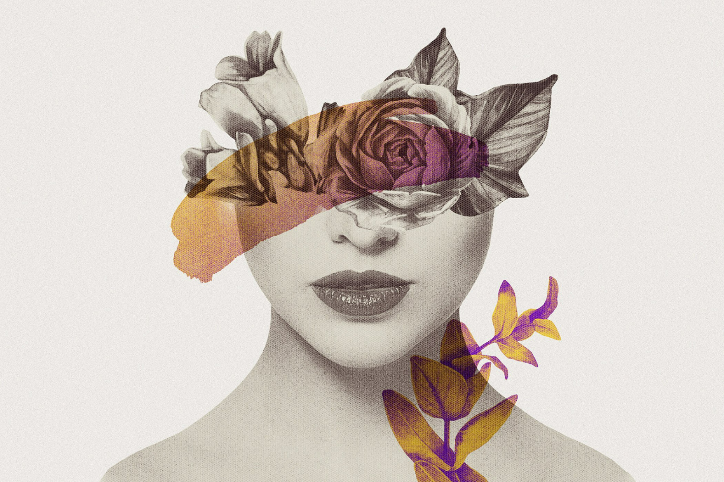 Artistic portrait illustration of a woman's face adorned with flowers and abstract elements perfect for graphic design templates digital art assets creative mockups