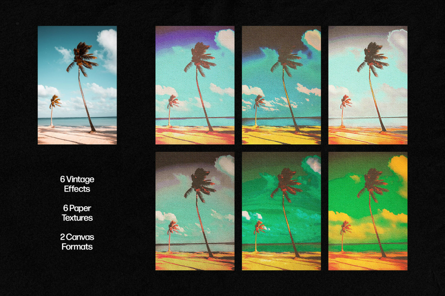 Vintage photo effects pack, showcasing palm tree beach scene with 6 vintage effects, 6 paper textures, and 2 canvas formats for designer mockups and graphics.