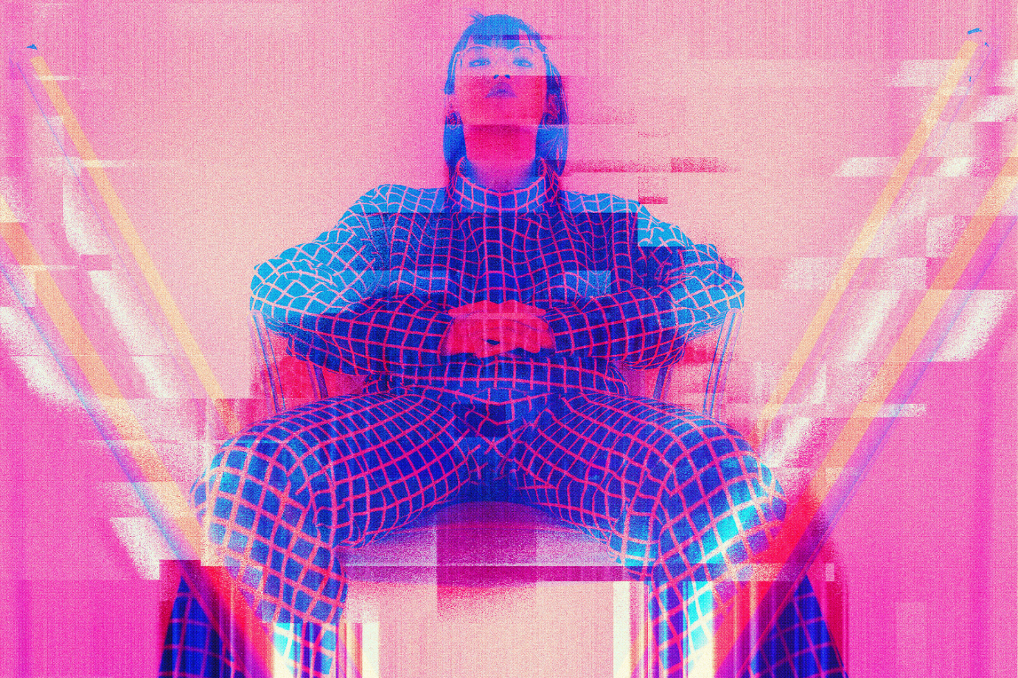 Digitally altered image of a person in grid-patterned suit, seated against a vibrant pink background with glitch effects. Suitable for design graphic templates.