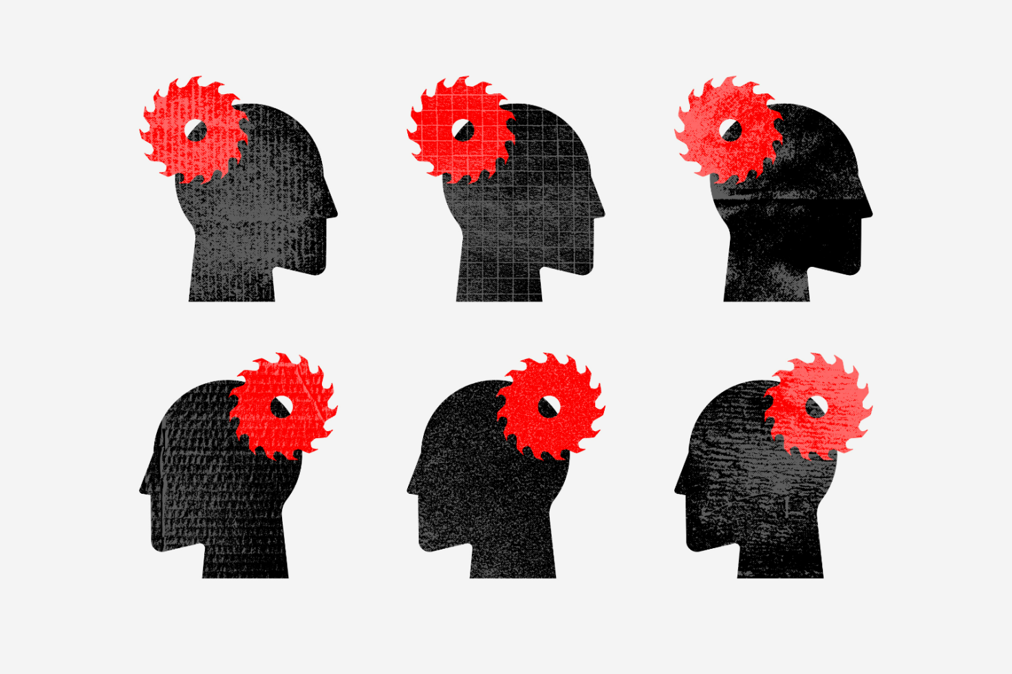 Silhouette heads with red gear icons in different textures. Ideal for graphic design mockups and templates. Abstract visual representing brainstorming or mind work.