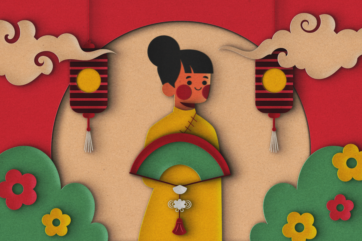 Asian paper cut illustration of a woman with a fan, red and yellow lanterns, and colorful flowers. Suitable for graphics, templates, and mockups.