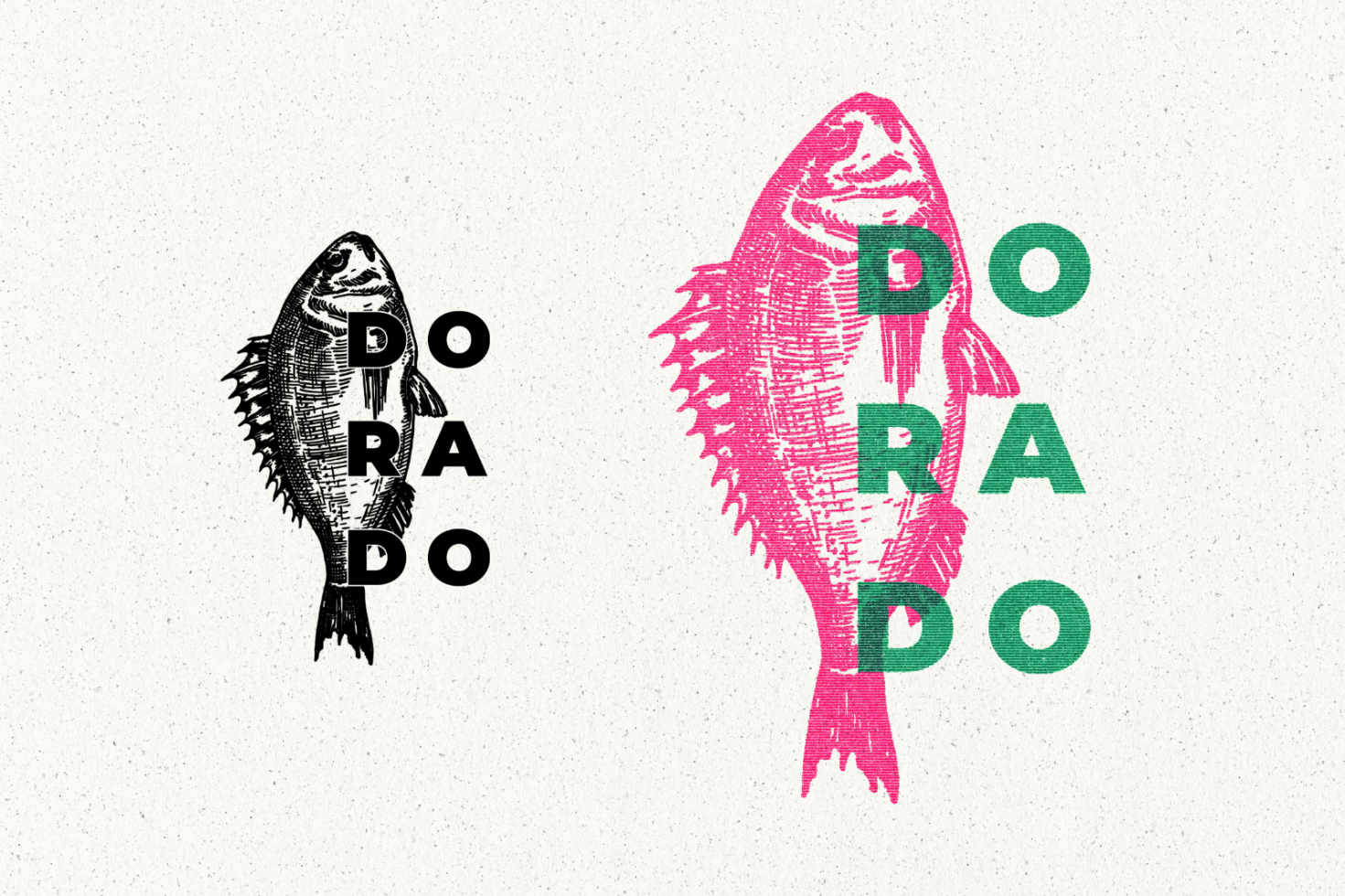 Graphic design of fish with the word DORADO overlaying in bold letters. Black-white and pink-green variations. Suitable for templates, mockups, branding.