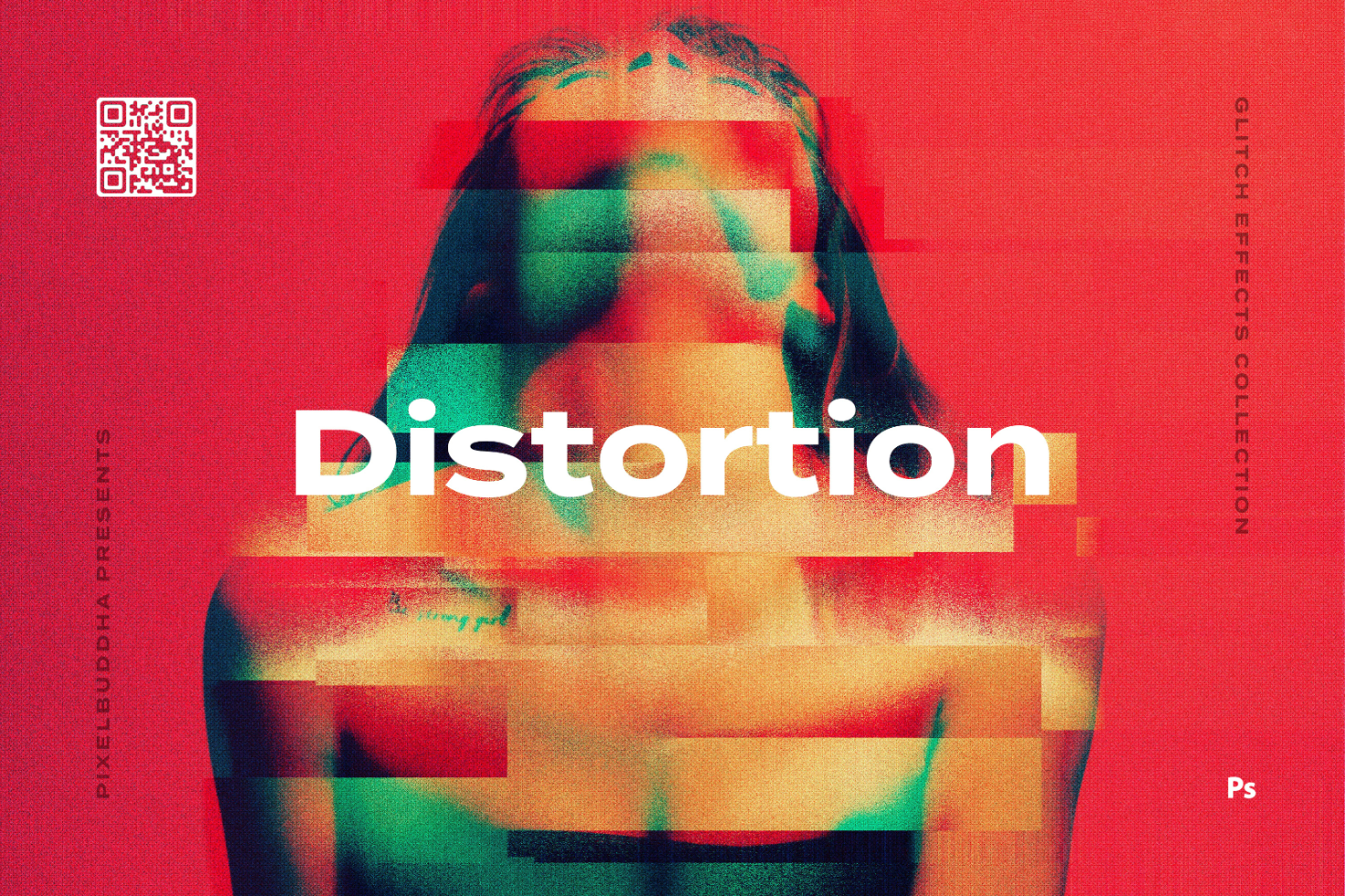 Distortion Glitch Effects graphic design template for Photoshop by PixelBuddha ideal for designers creating edgy digital art with vibrant red and green tones.