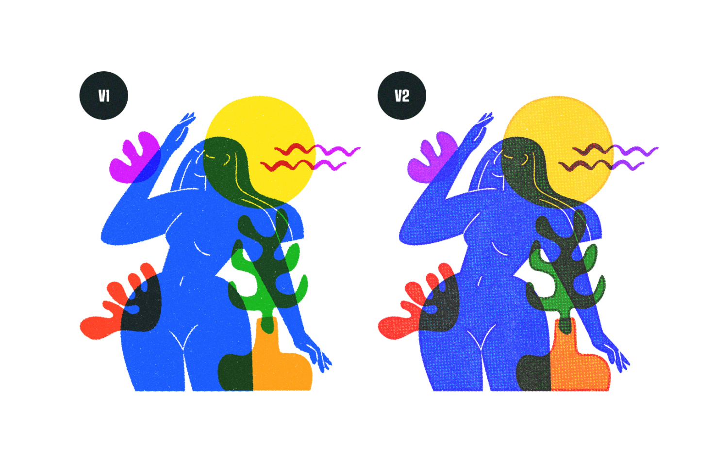 Abstract illustration depicting a blue female figure with vibrant colors and organic shapes, two versions labeled V1 and V2, digital art, graphic design asset