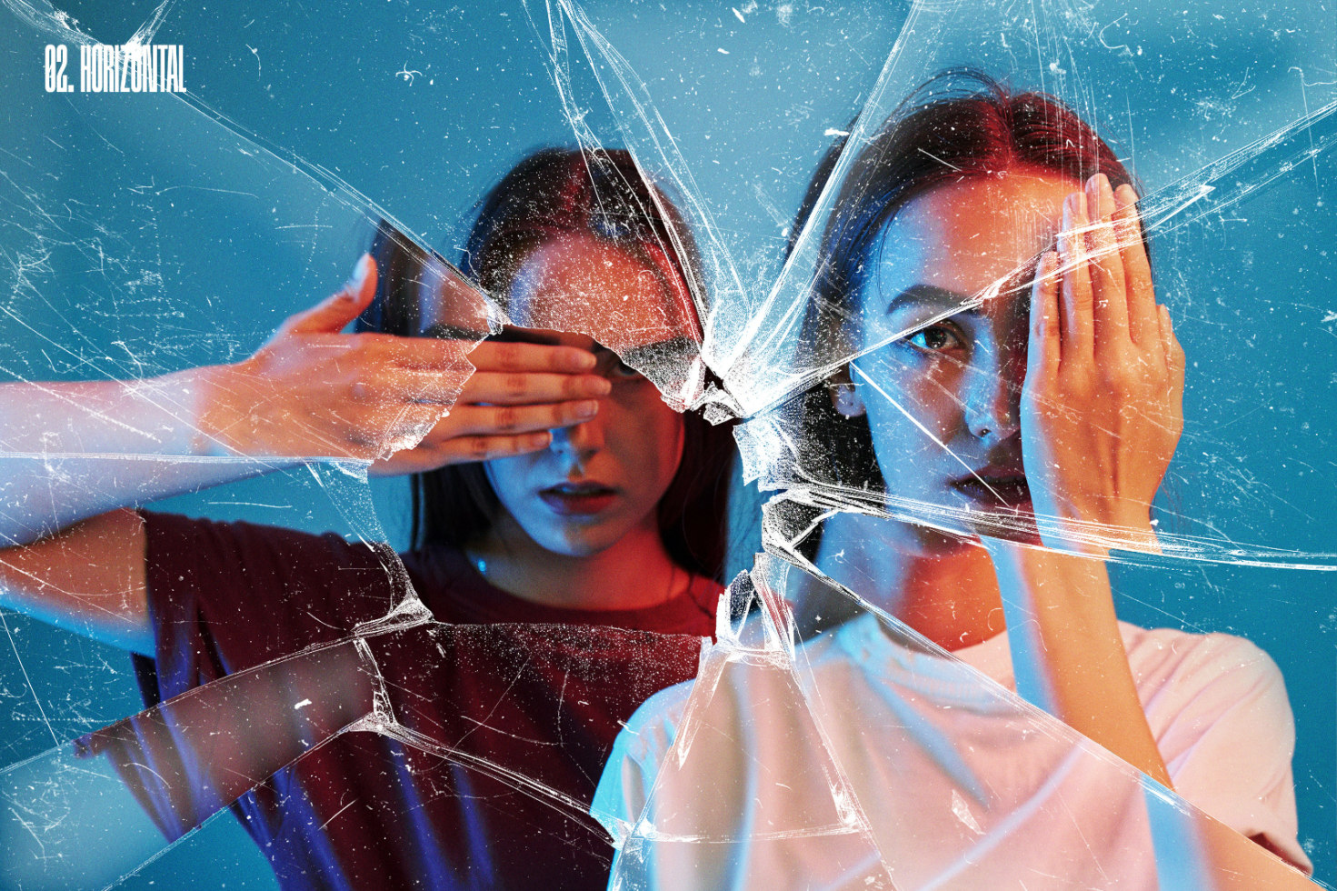 Two women partially cover their faces behind cracked glass in a surreal art concept; ideal for digital design, mockups, graphics, photography, and templates.