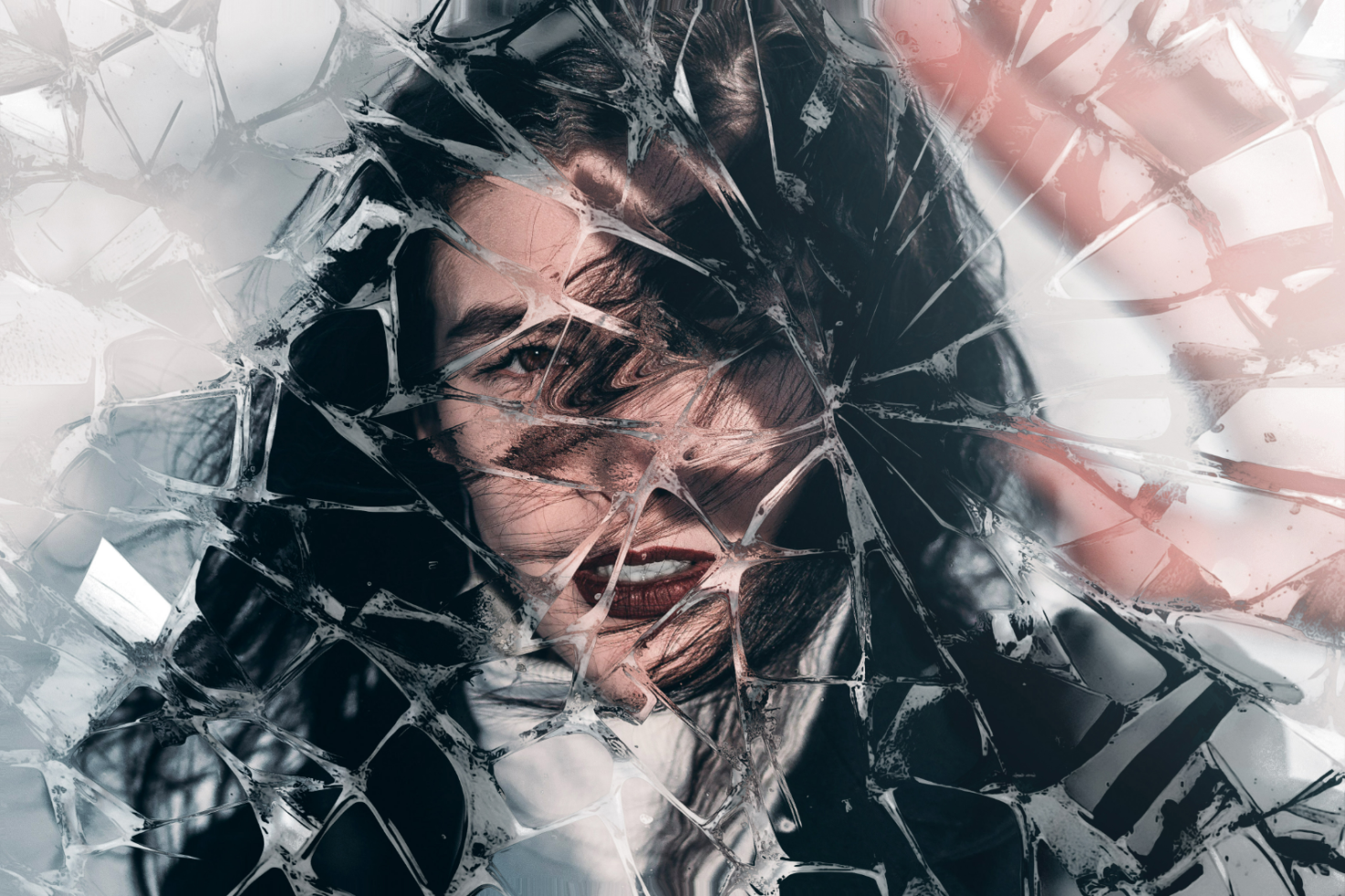 Shattered glass effect on woman's face for creative design. Ideal for digital art, graphic design assets, and creative mockup templates.