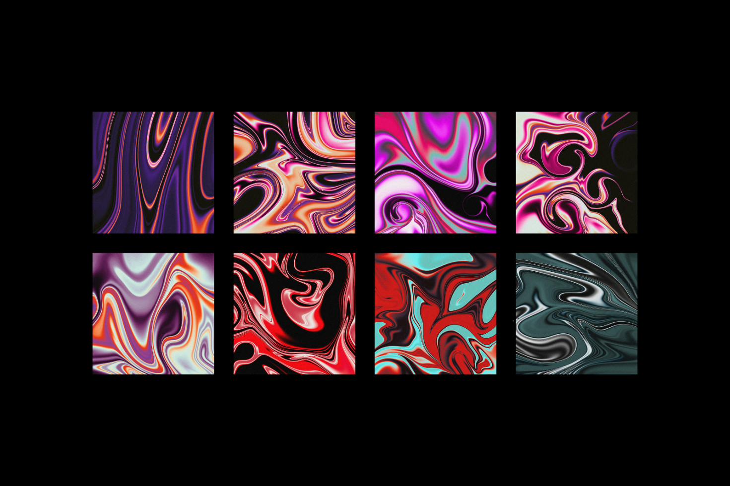 Abstract liquid swirl backgrounds set in various vibrant colors. Ideal for designers creating mockups, templates, graphics. Perfect for digital assets.