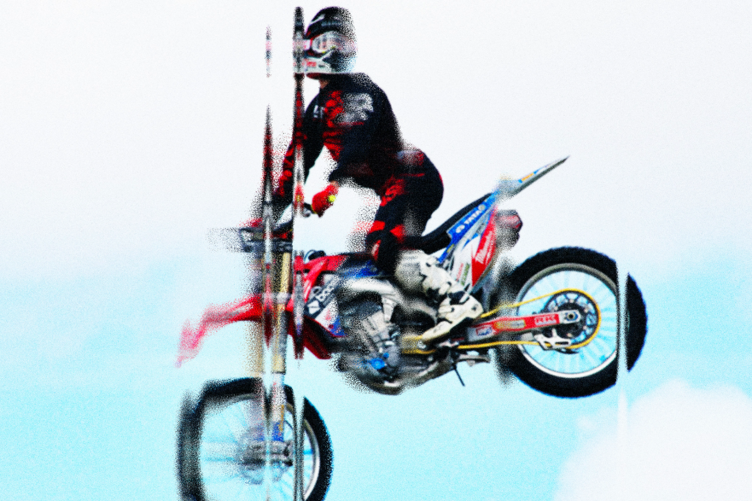 Blurred motocross rider mid-air on dirt bike with a glitch effect suitable for digital mockups templates and graphic design inspired by extreme sports.