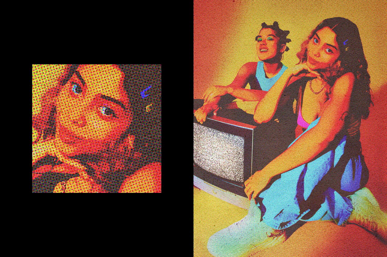 Halftone retro style digital graphic featuring two women near an old TV with vibrant colors ideal for designers seeking unique graphic assets.