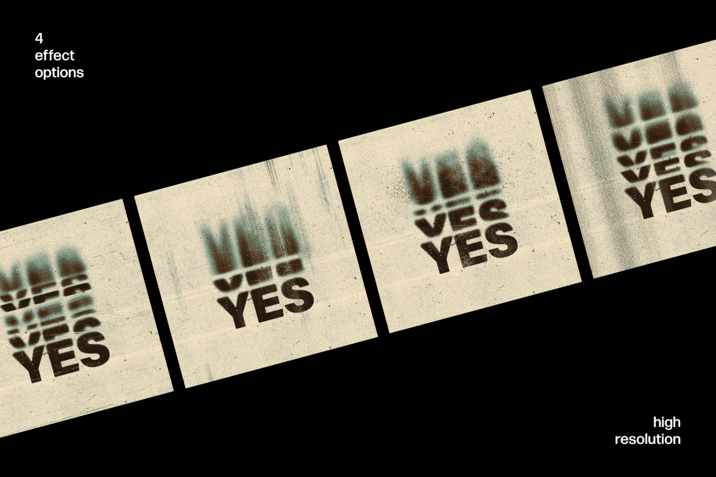 High resolution mockup showing word YES in stencil effect with 4 options for designers. Ideal for templates fonts graphics digital assets marketplace.