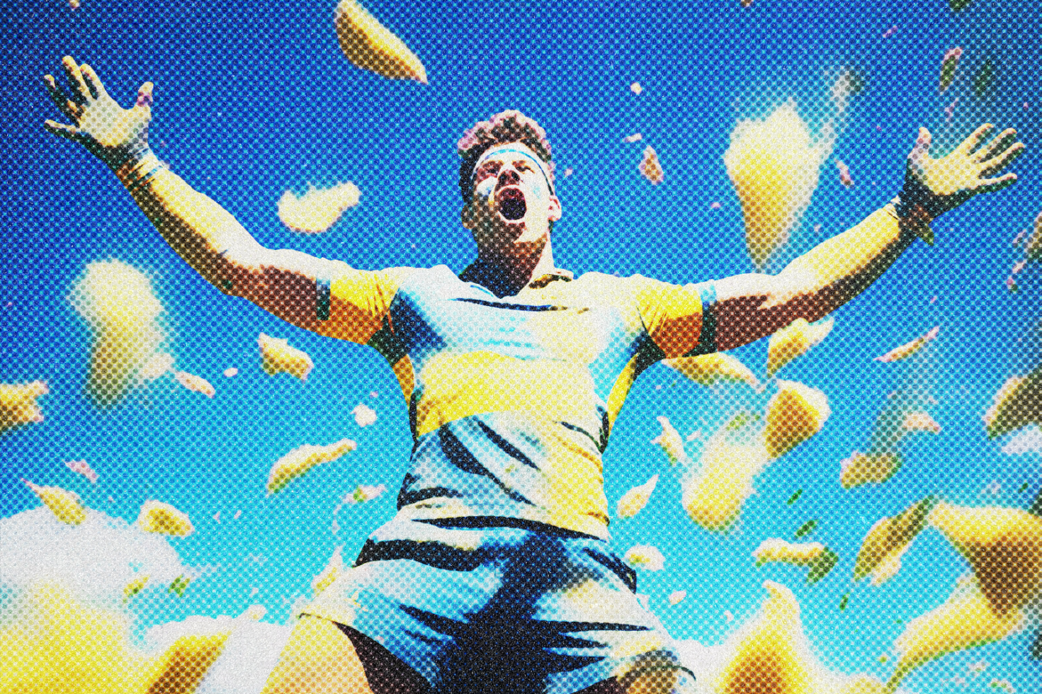 Comic-style graphic of a joyful athlete raising arms under a blue sky. Perfect for sports-themed designs, posters, and digital illustrations.