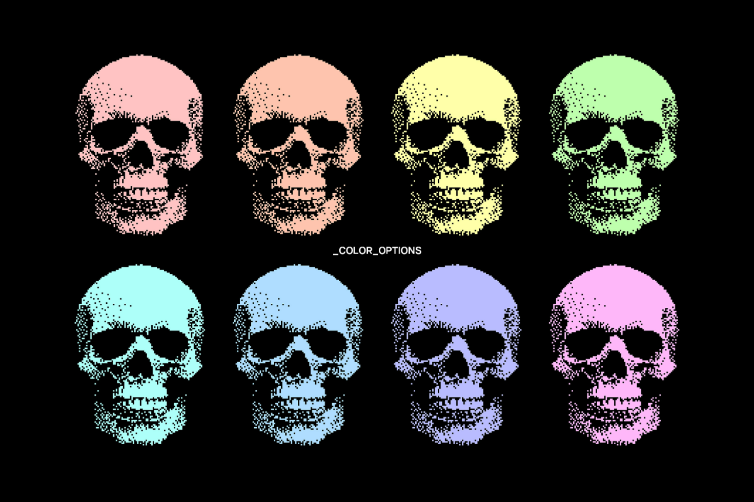 Pop art style skull vector graphics in pastel colors on black background. Suitable for design templates, mockups, and digital art projects.