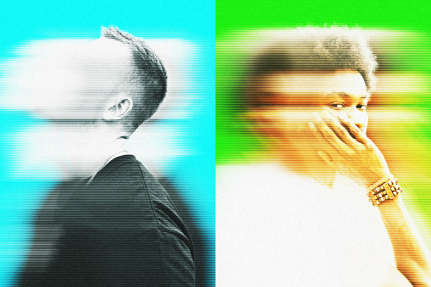 Glitch effect graphic featuring two blurred individuals with blue and green backgrounds suitable for digital assets, mockups and design templates for designers.