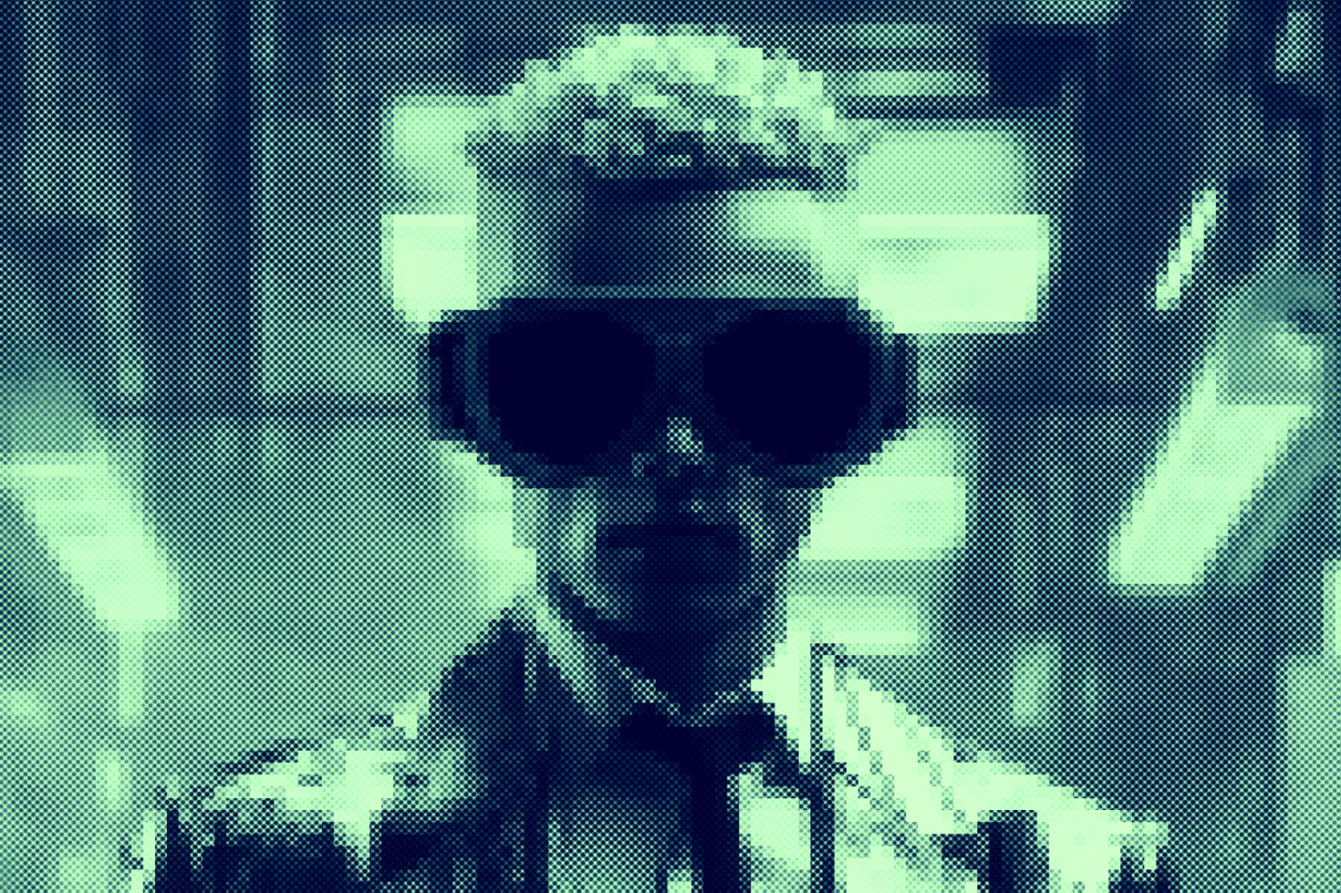 Pixelated cyberpunk graphic of person in futuristic setting wearing large goggles. Ideal for designers seeking graphics, templates or cyberpunk-themed elements.