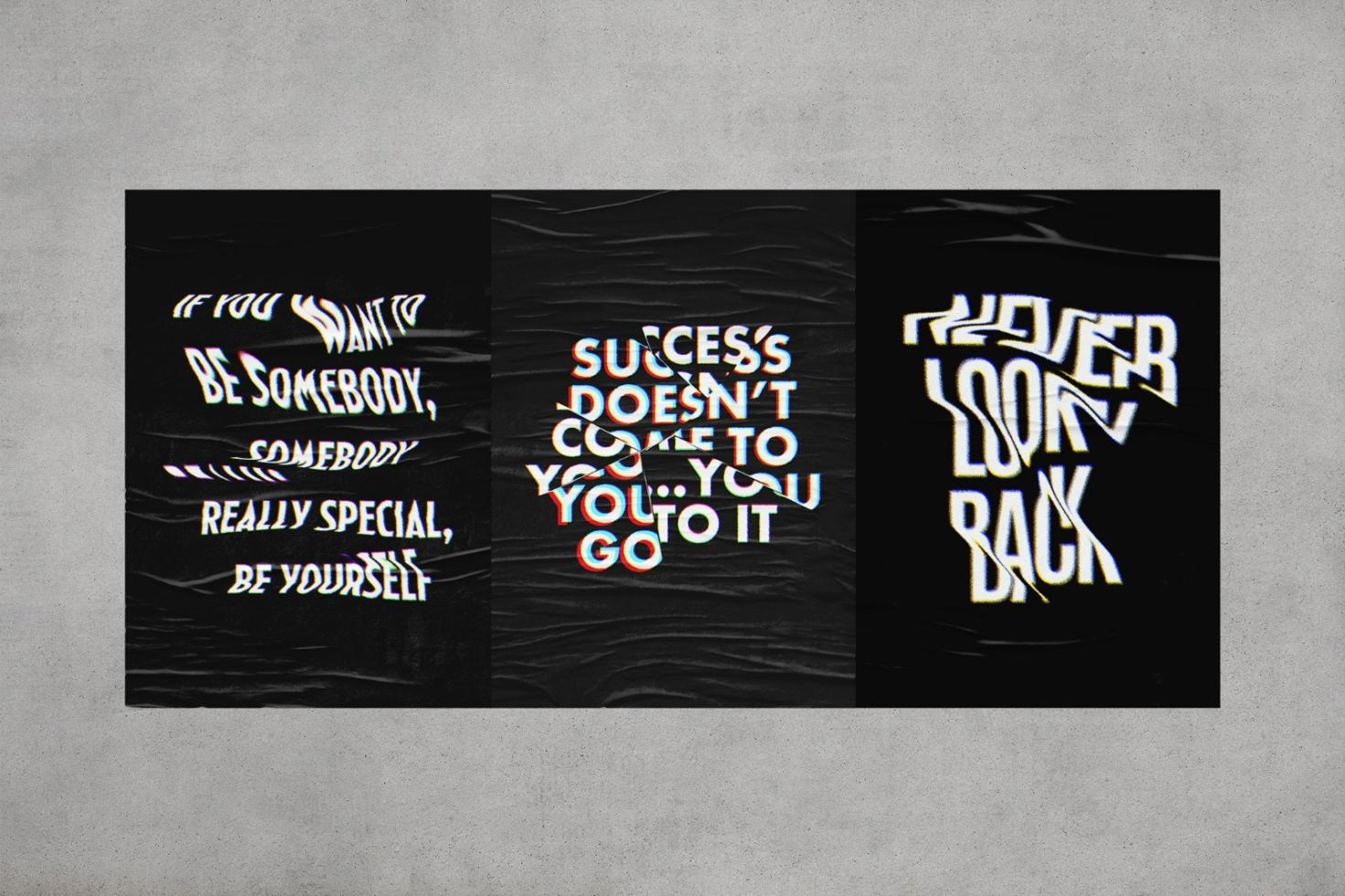 Distorted text design templates featuring motivational quotes on black textured background. Keywords: distorted text, design templates, motivational quotes, graphics.