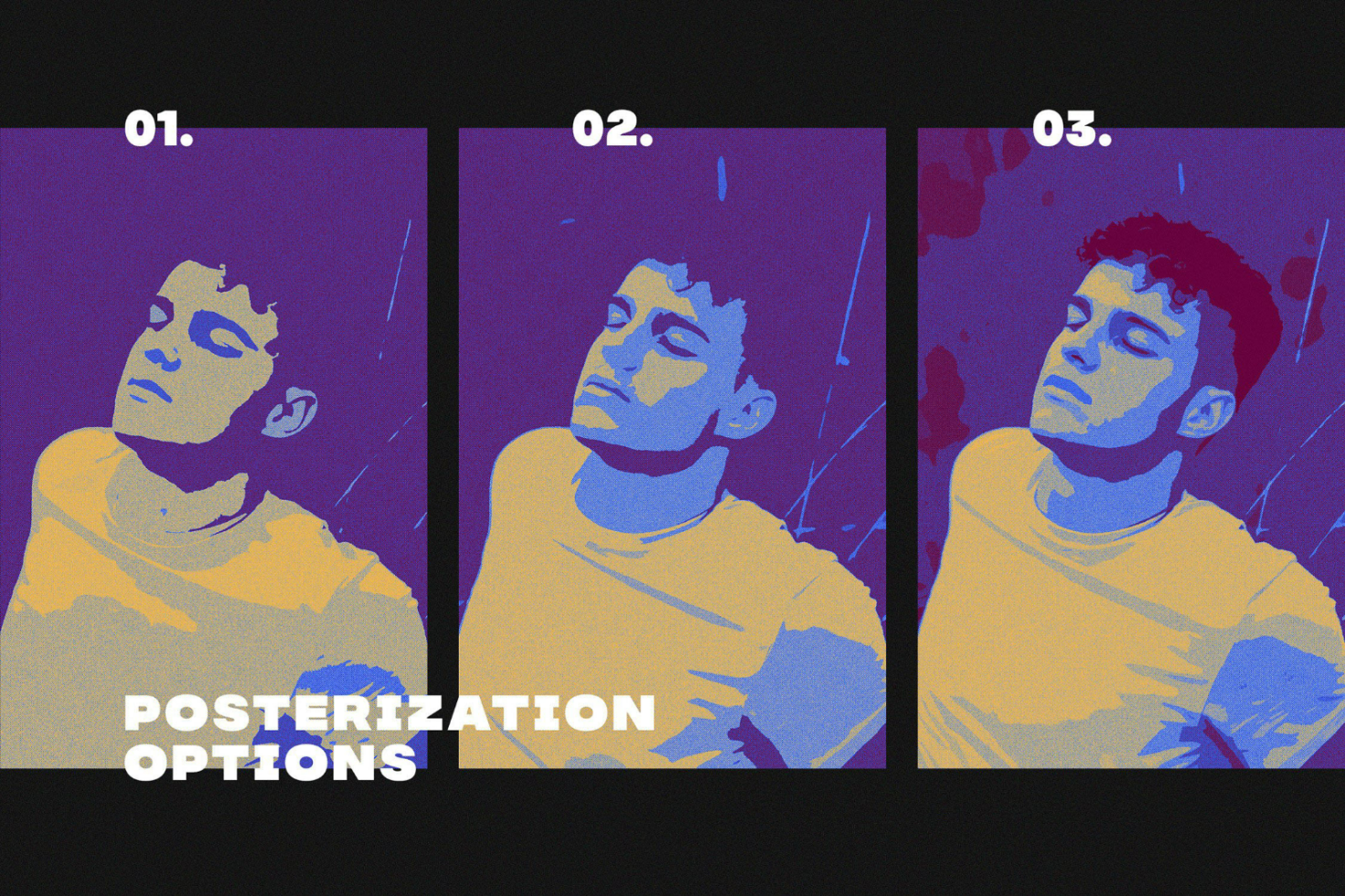 Three posterization options portrait vector graphics in purple background. Ideal for mockups, templates, graphic designs. High-quality assets for designers