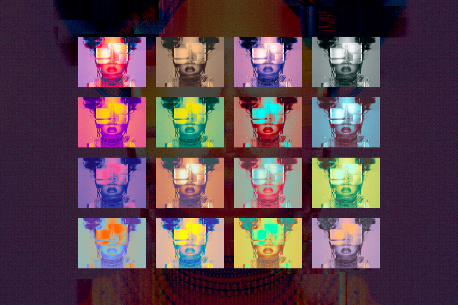 Futuristic pop art collage with 15 colorful digital portraits in a grid. Great for designers needing graphics, templates, mockups, or unique digital art assets.