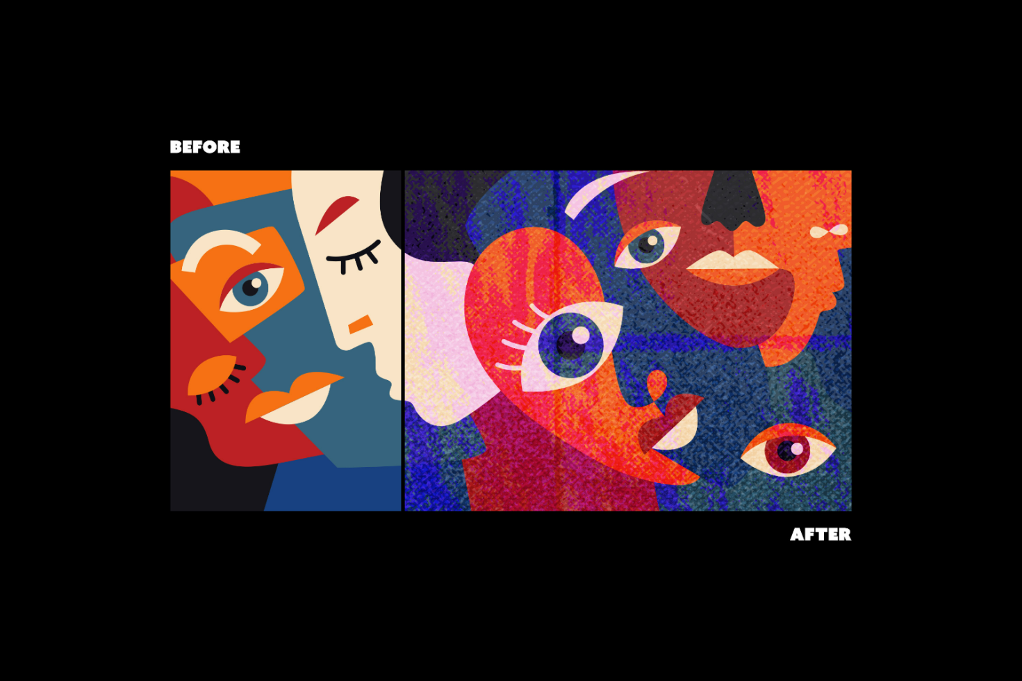 Side-by-side abstract face illustrations before and after effect. Ideal for designers, graphics, art effects, and digital mockups. Bright, bold colors.