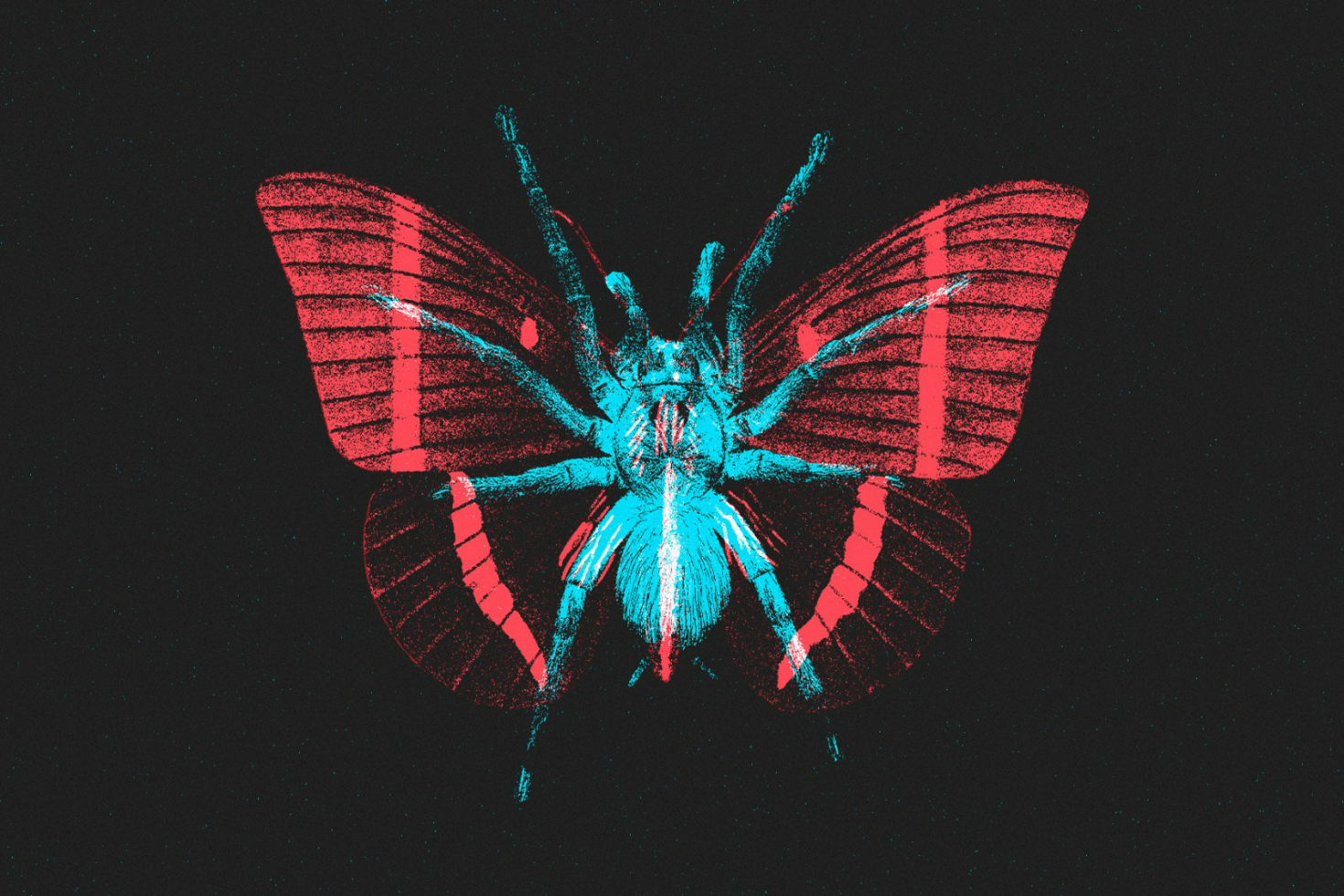 Digital illustration of butterfly-like creature in neon red and blue, abstract design on dark background, perfect for graphic design projects and templates.