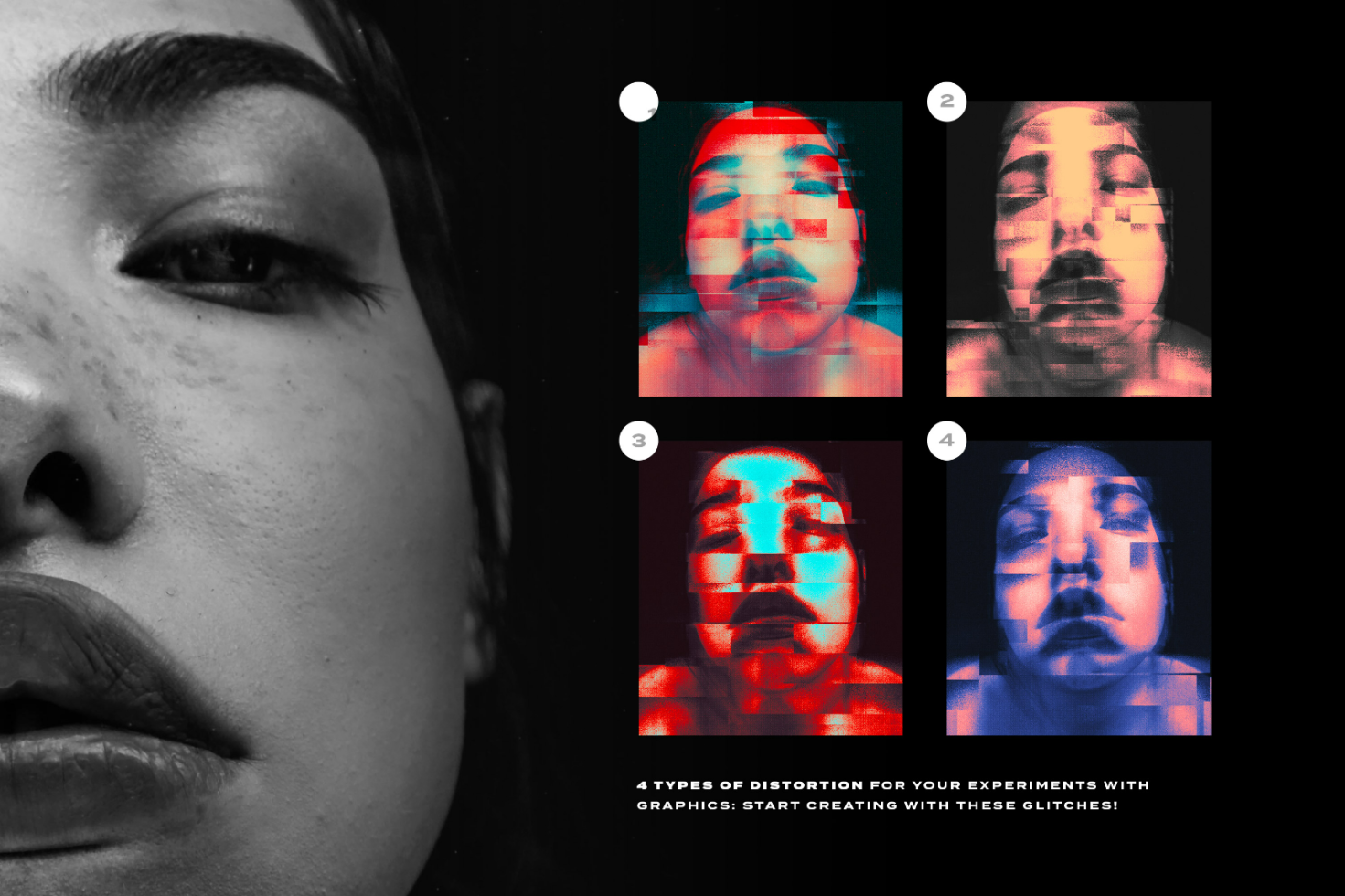 Photo showing four types of glitch distortion effects on a face. Ideal for graphic designers experiments with image editing and digital art.