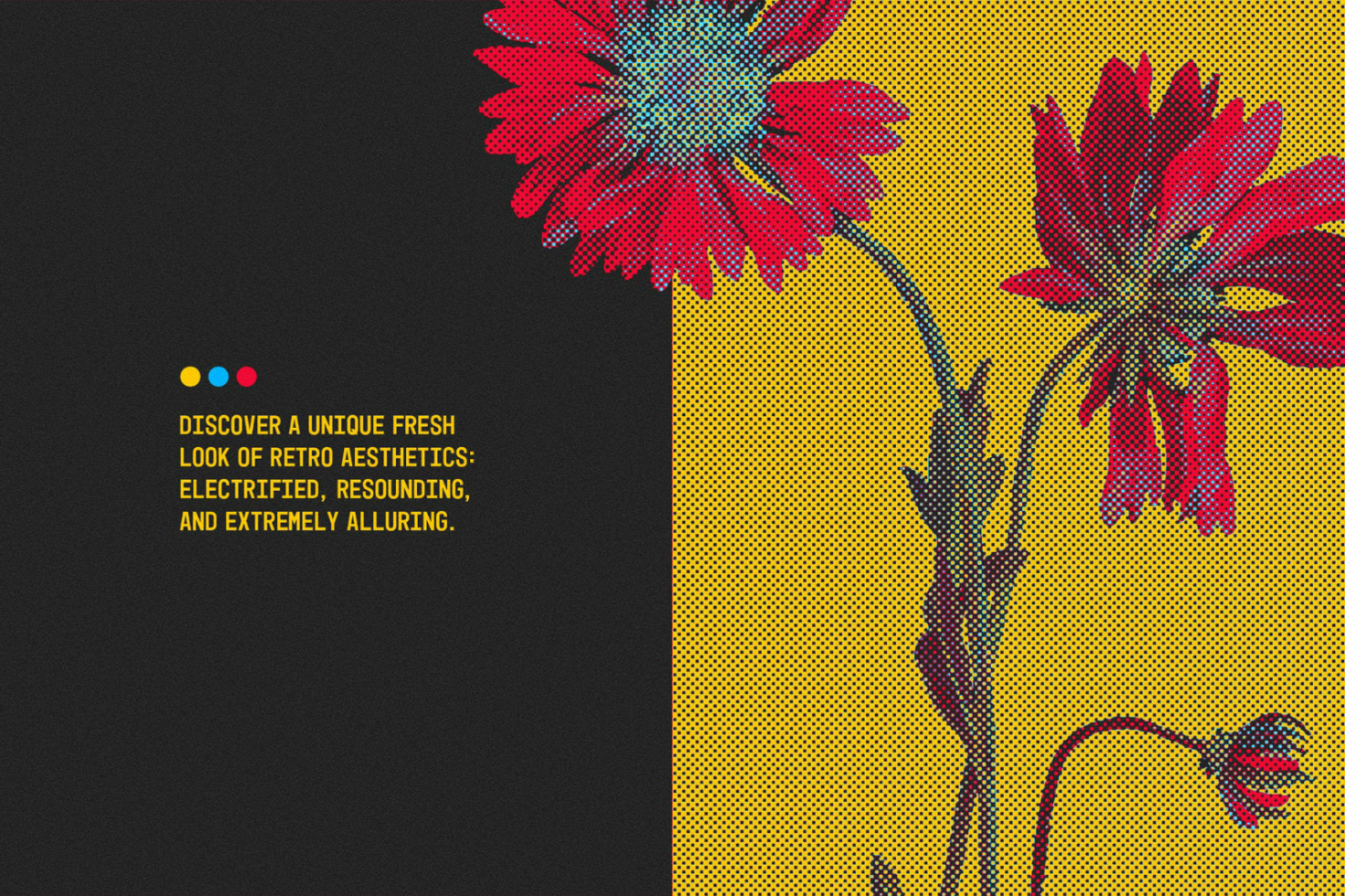 Retro-inspired graphic design template featuring vibrant red flowers on halftone backgrounds, perfect for digital assets, mockups, and print designs for designers.