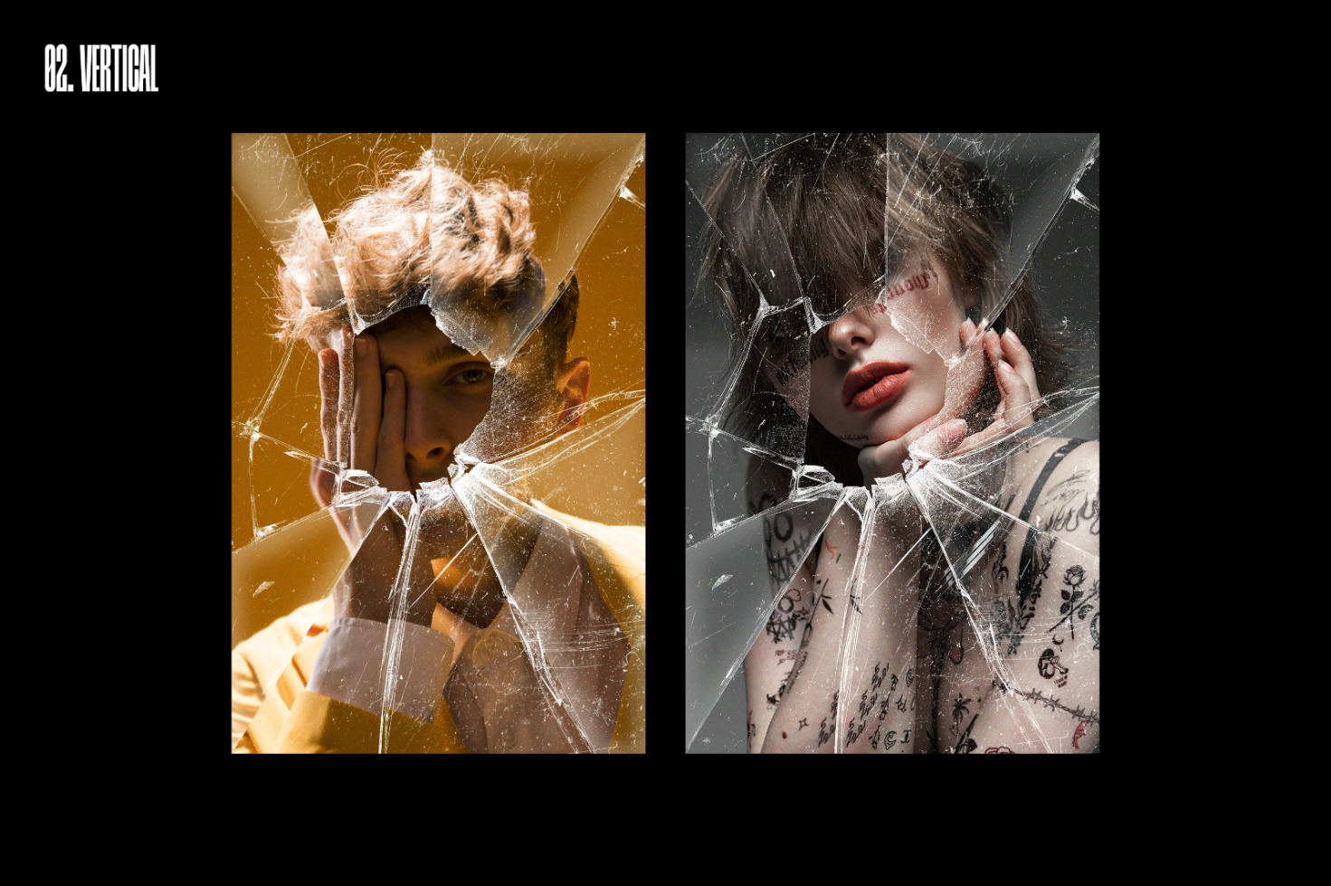 Mockup template featuring two vertical portraits with a cracked glass effect overlay. Perfect for designers creating edgy, artistic graphics.