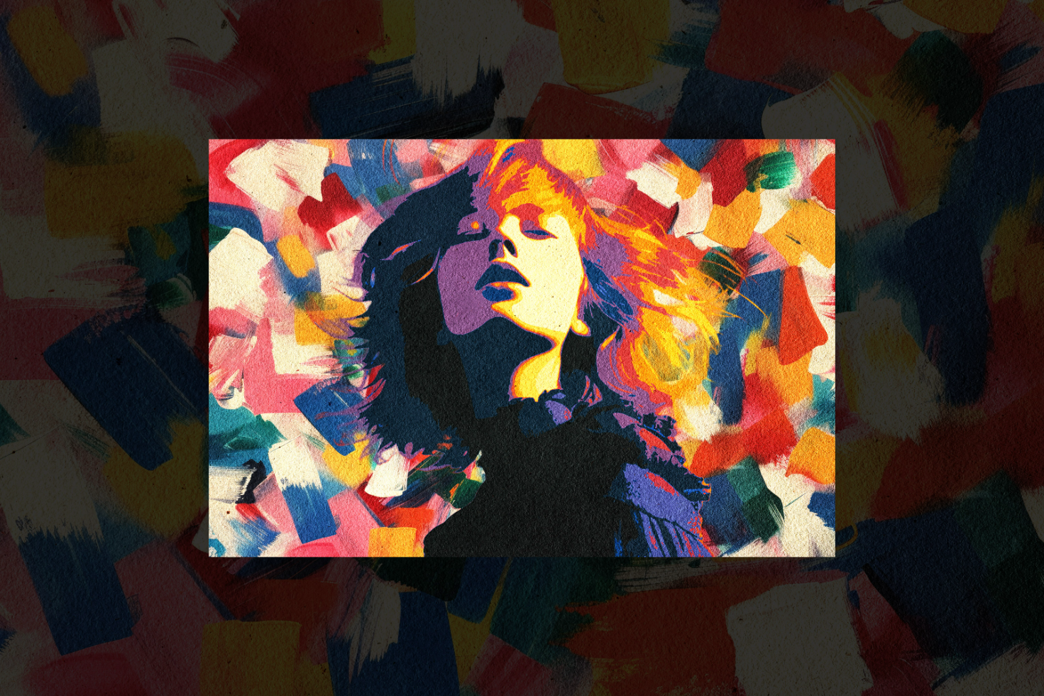 Vibrant abstract portrait painting showing a person with multicolored brushstroke background suitable for graphics digital assets marketplace for designers.