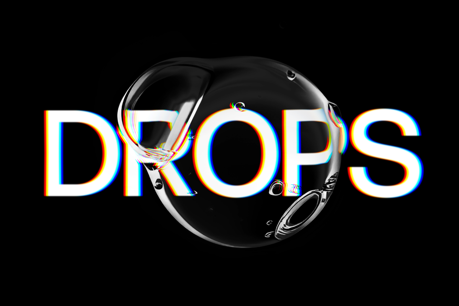 3D rendering of clear liquid drop with glitch text effect reading DROPS on a black background. Perfect for graphic design templates or digital artwork.