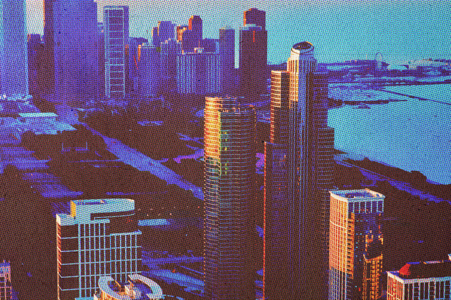 Retro halftone urban skyline graphic template depicting high-rise buildings against a coastal backdrop vibrant colors ideal for designers and mockups.