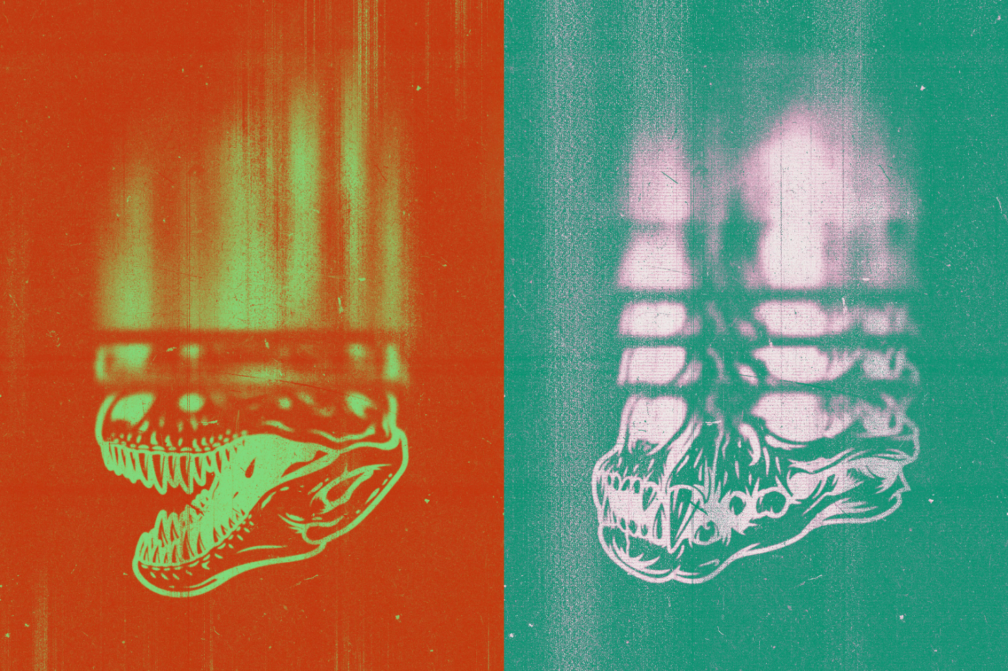 Digital graphic of a T-rex skull in a glitch art style, featuring vibrant orange and green textures. Ideal for designers seeking unique graphic templates.